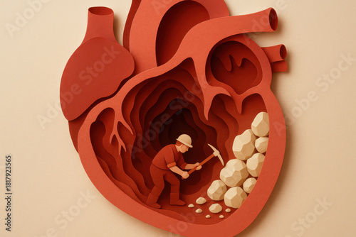 Symbolic paper cut art concept of cardiology health. miniature miner carving away cholesterol plaque inside human heart ventricle, creative metaphor for medical treatment