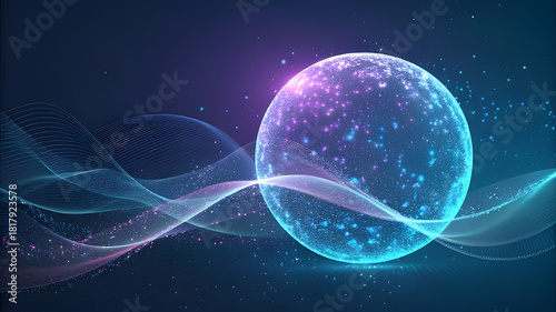 Glowing orb and digital waves in futuristic abstract background