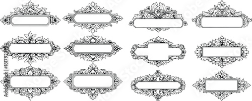 Illustrations of Victorian era inspired decorative borders featuring detailed botanical motifs and empty centers