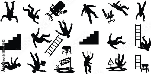 Illustrations showing individuals falling down stairs, ladders, and tripping over objects, emphasizing danger