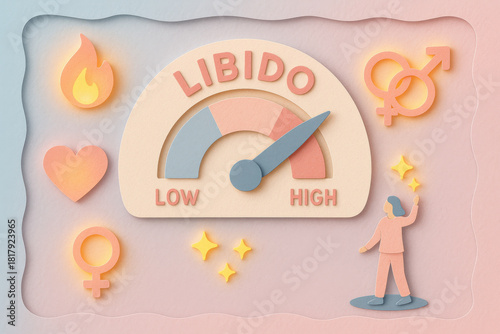 Paper cut libido energy gauge showing high sexual desire with glowing icons. tiny caretaker boosts signal on pastel blue and pink background, representing intimacy and health