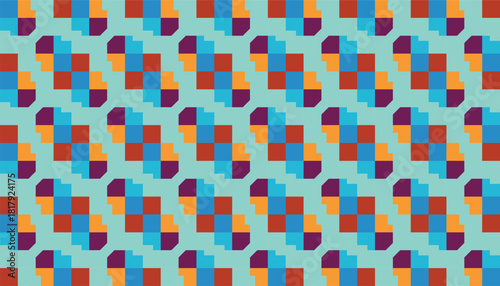 A colorful geometric pattern composed of stacked pixel-like rectangles arranged in a diagonal rhythm. Bright tones of orange, red, blue, and purple stand out against a soft teal background.
