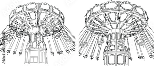 Intricate wireframe drawing of a classic chain swing carousel ride presented from two distinct perspectives