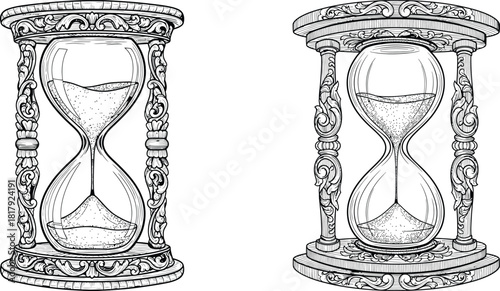 Intricately detailed ornate hourglass sand timer vector illustration showing time measurement and vintage aesthetics