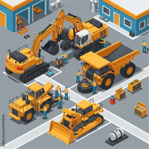 Isometric Illustration of Heavy Machinery Maintenance and Repair Service.