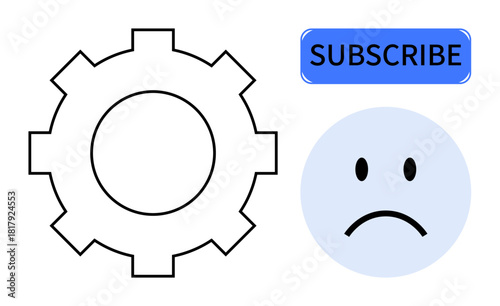 Subscription concept. Gear icon process and setup, sad face reflects dissatisfaction with subscriptions. Subscription impacting user satisfaction. Useful for apps, services, design, business