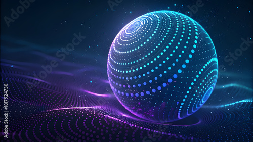 Glowing futuristic orb with digital patterns in dark space