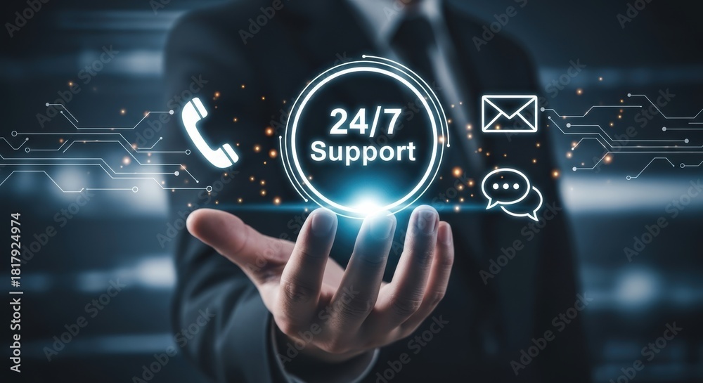 Fototapeta premium 24/7 Customer Support Concept: Businessman Holding Digital Display