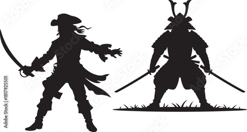 Samurai warrior and pirate in action pose