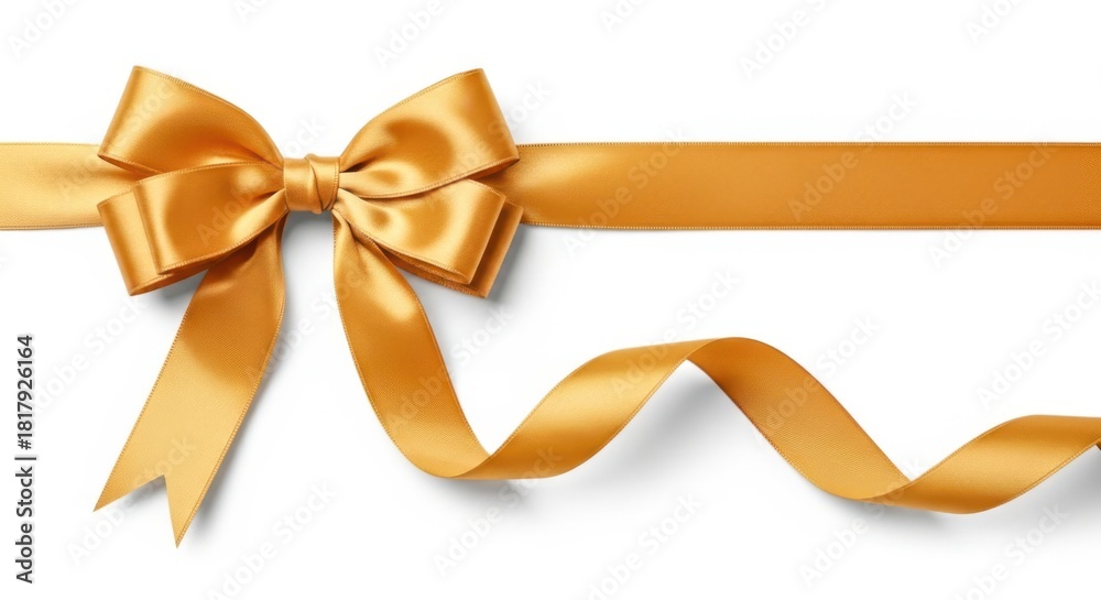 Fototapeta premium Elegant golden satin ribbon tied into a beautiful bow with trailing ends isolated on white background