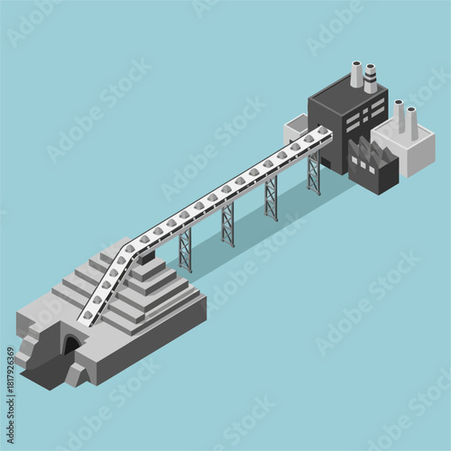 Isometric Industrial Complex with Conveyor Belt from Quarry to Factory.