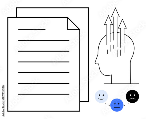 Emotional intelligence. ation of documents, mental growth, and emotional feedback with upward arrows and emotive face icons. Emotional intelligence enhancing decision-making, communication