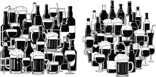 Large assembly of various alcoholic beverage bottles and drinking glasses in a stylish silhouette arrangement