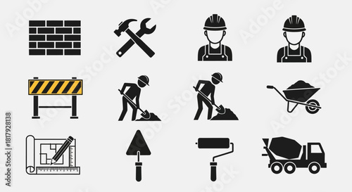 A comprehensive vector icon set representing the construction industry, including symbols for builders, tools, and heavy machinery