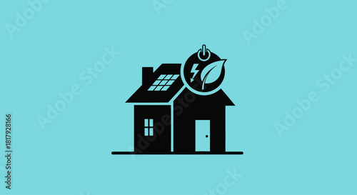 A simple icon representing a sustainable home powered by renewable solar energy, featuring a house silhouette with panels and a green electricity symbol