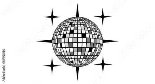 Retro 70s party icon featuring a glittering mirror ball with sparkles, isolated on a white background for design