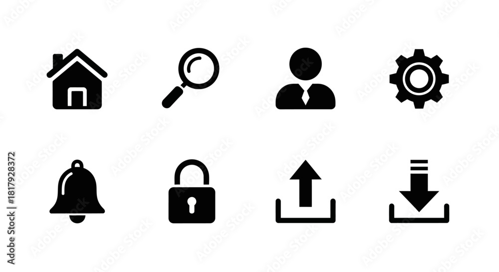 Fototapeta premium A collection of essential user interface glyph icons in a solid black design, featuring universal symbols for web and mobile application navigation like home, search, user, and settings