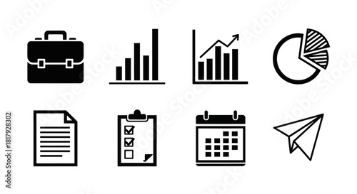 Solid black business icon set featuring data analytics charts, office management tools, and project planning symbols isolated on a white background
