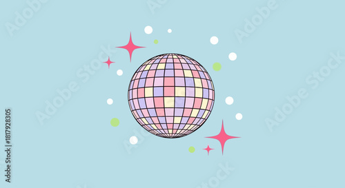 A vibrant pastel-colored mirror ball surrounded by shiny sparkles and confetti dots, representing a fun retro party and celebration