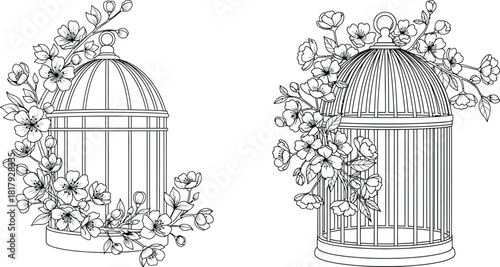 Outline illustration featuring two decorative birdcages intricately adorned with lush blooming floral arrangements