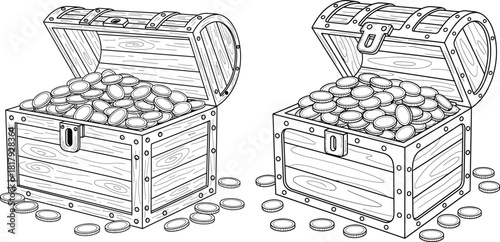 Outline illustration showing two antique wooden treasure chests bursting with piles of valuable gold coins