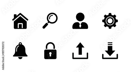 A collection of essential user interface glyph icons in a solid black design, featuring universal symbols for web and mobile application navigation like home, search, user, and settings
