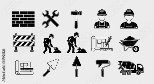 A comprehensive set of monochrome construction and building industry icons, featuring tools, workers, and equipment for graphic design projects