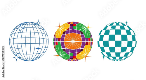 A versatile collection of retrofuturistic disco ball graphics and stylized sphere icons for party and music themes