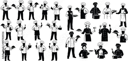 Professional chef characters in various cooking poses holding kitchen utensils and prepared food dishes