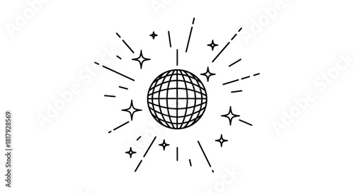 Simple line art icon of a sparkling disco ball. A minimalist vector graphic representing a retro party, celebration, and nightlife