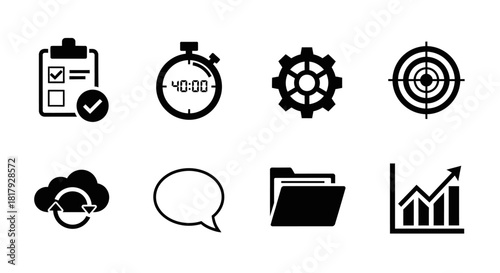 A collection of essential flat glyph icons representing project management, business strategy, and data analytics for efficient workflow optimization