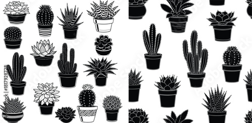 Seamless pattern featuring diverse potted succulents and cacti in a stylish black outline silhouette design for textiles