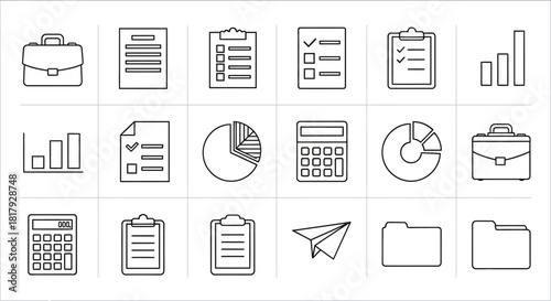 A streamlined collection of business and finance line icons for project management, data reporting, and corporate analytics