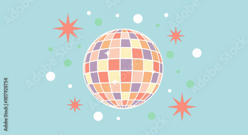 A whimsical vector illustration of a colorful pastel mirror ball with retro stars and confetti, representing a groovy celebration or dance party
