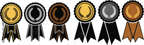 Set of award ribbons featuring laurel wreaths and hanging streamers, available in various metallic finishes