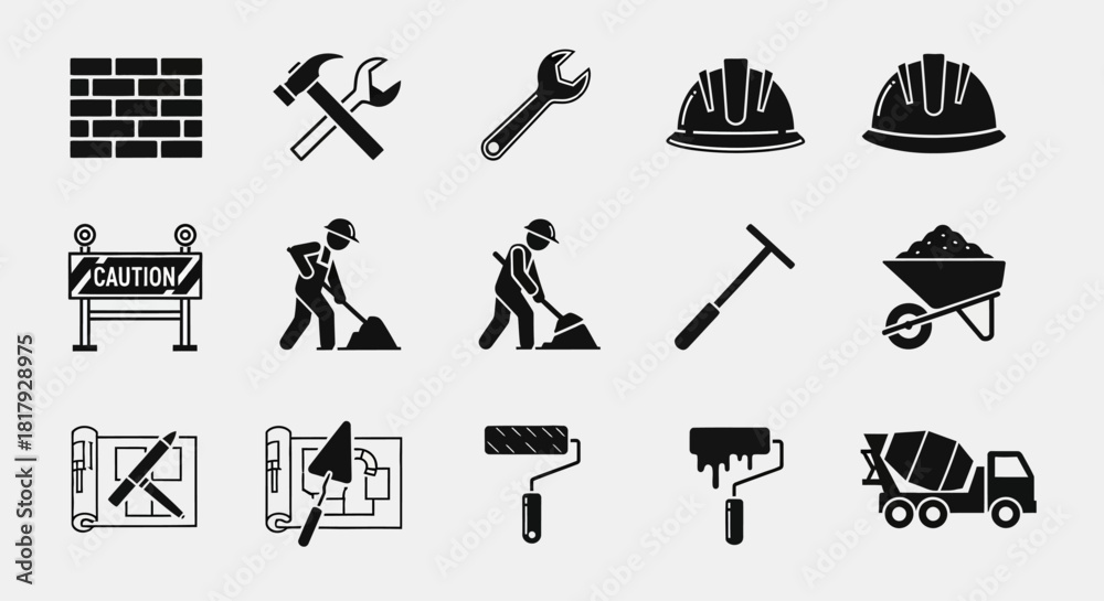 Fototapeta premium A vector graphic set of builder and construction work symbols, isolated industry icons for web and print design