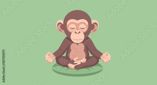 A cute cartoon monkey sits in a lotus position on a cushion, practicing meditation for mindfulness and relaxation