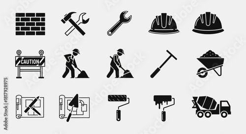 A vector graphic set of builder and construction work symbols, isolated industry icons for web and print design