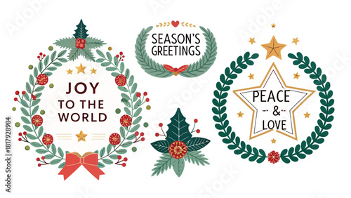 Holiday season wreaths exuding Christmas cheer, spreading joy, peace, and love with festive foliage and star accents for seasonal greetings