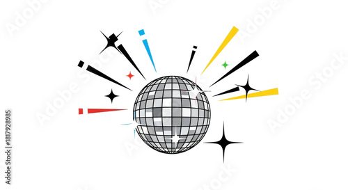A sparkling silver disco ball with colorful starbursts and light flashes, a vibrant retro party vector icon isolated on a white background