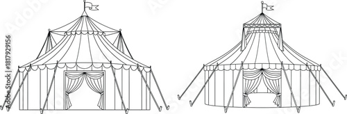 Traditional circus tent with flag and entrance curtains, ready for an exciting performance or event