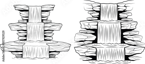 Vector outline illustration depicting two natural waterfalls cascading over textured rock formations into calm pools below