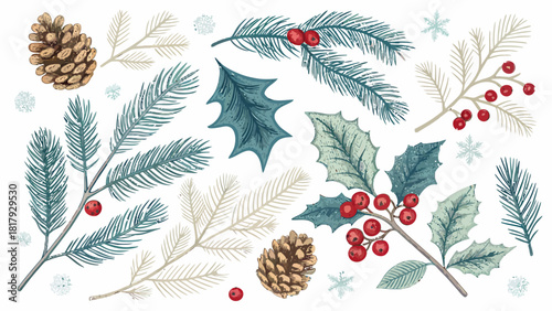 Festive winter botanical collection with pine cones, holly, and berries perfect for holiday designs and seasonal greetings, a touch of natural elegance