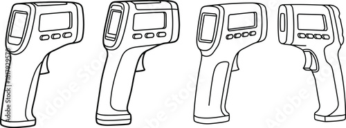 Four black and white line drawings of handheld infrared thermometers