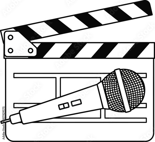 A simple black and white illustration of a clapperboard and microphone