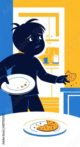 Illustration of a young boy in silhouette sneaking a cookie from the jar.