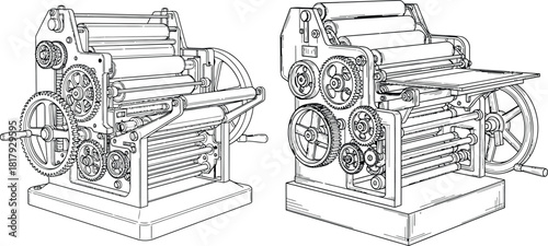 Vintage printing press machine with exposed gears and rollers for historical industrial technology illustrations
