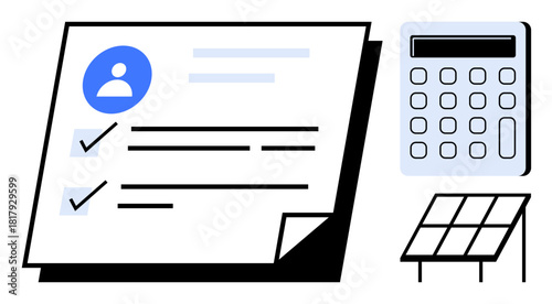 Document with profile icon and checkmarks, calculator, solar panel representing renewable energy planning, budget, energy calculation. Ideal for sustainability, eco decisions, energy reports