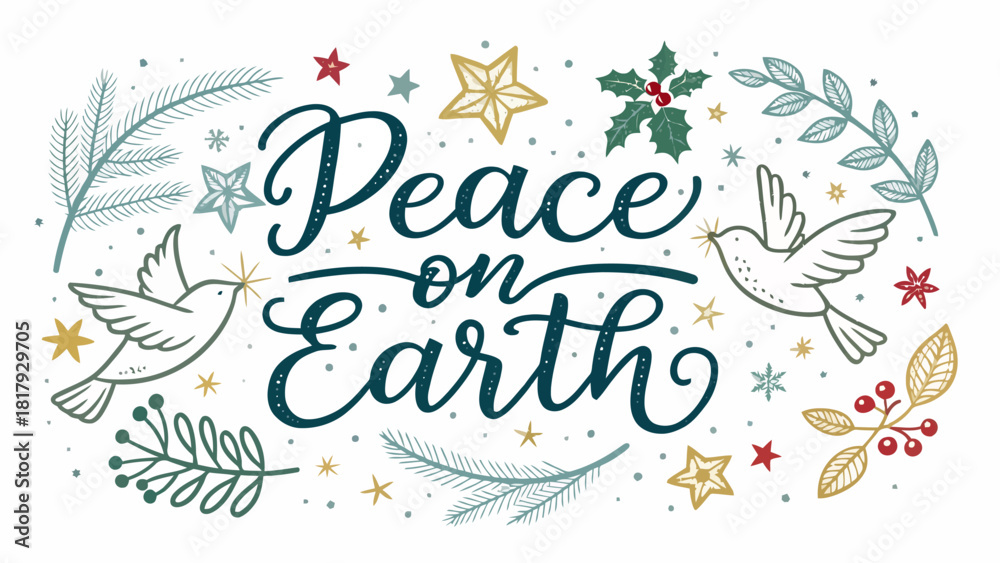 Fototapeta premium Wishing Peace on Earth this Holiday Season with Dove and Star Accents, Perfect for Greeting Cards and Festive Decorations with a Touch of Seasonal Joy
