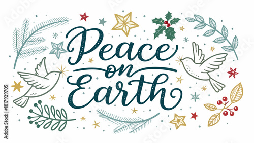 Wishing Peace on Earth this Holiday Season with Dove and Star Accents, Perfect for Greeting Cards and Festive Decorations with a Touch of Seasonal Joy